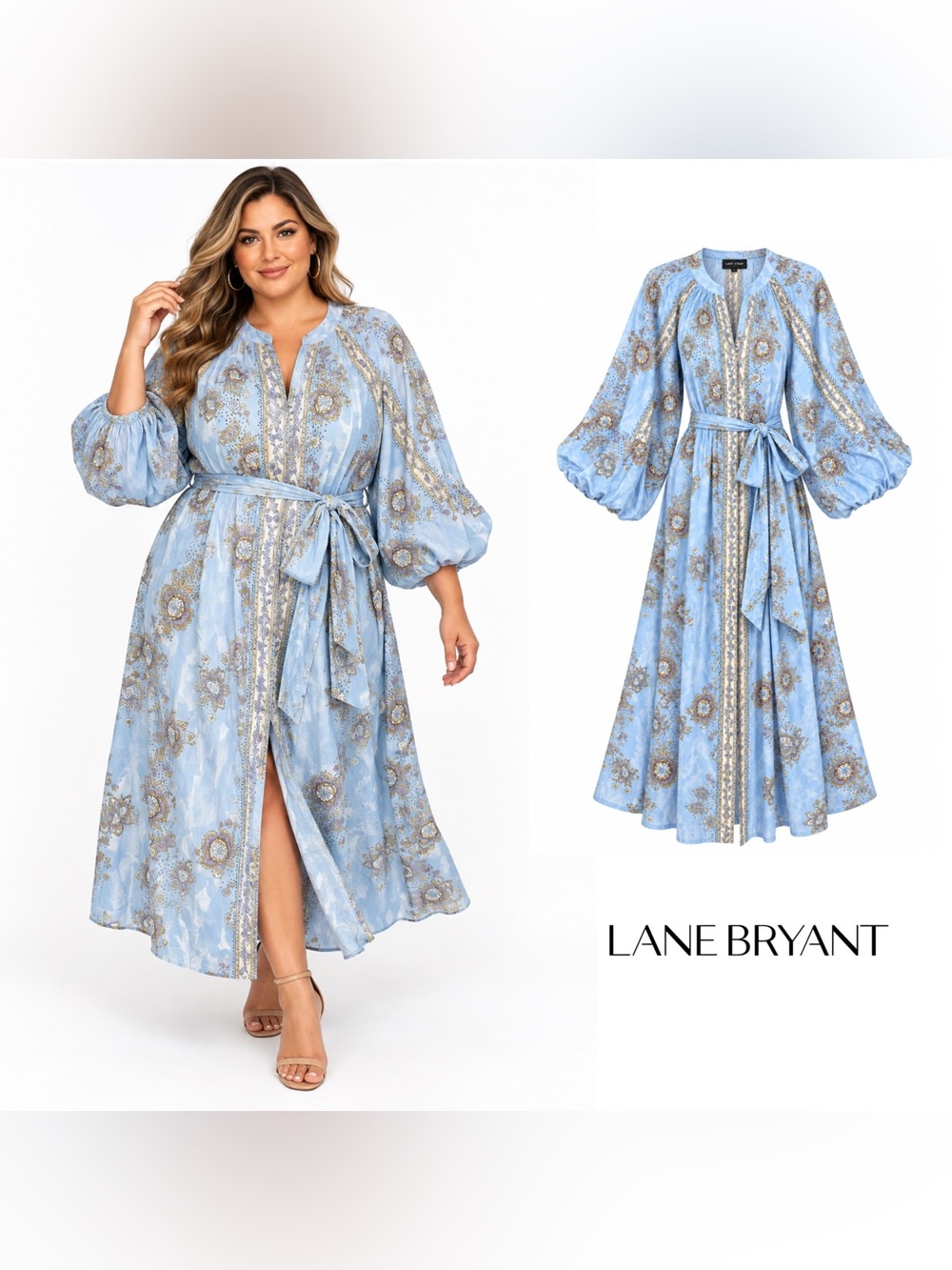 NEW Lane Bryant Light Blue Paisley Tie-Waist Maxi Dress